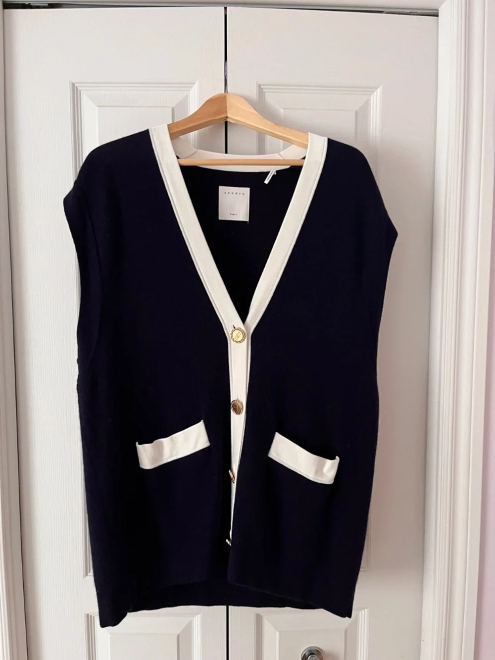 SANDRO Sleeveless Navy Cardigan with Ivory Trim - Picture 1 of 5